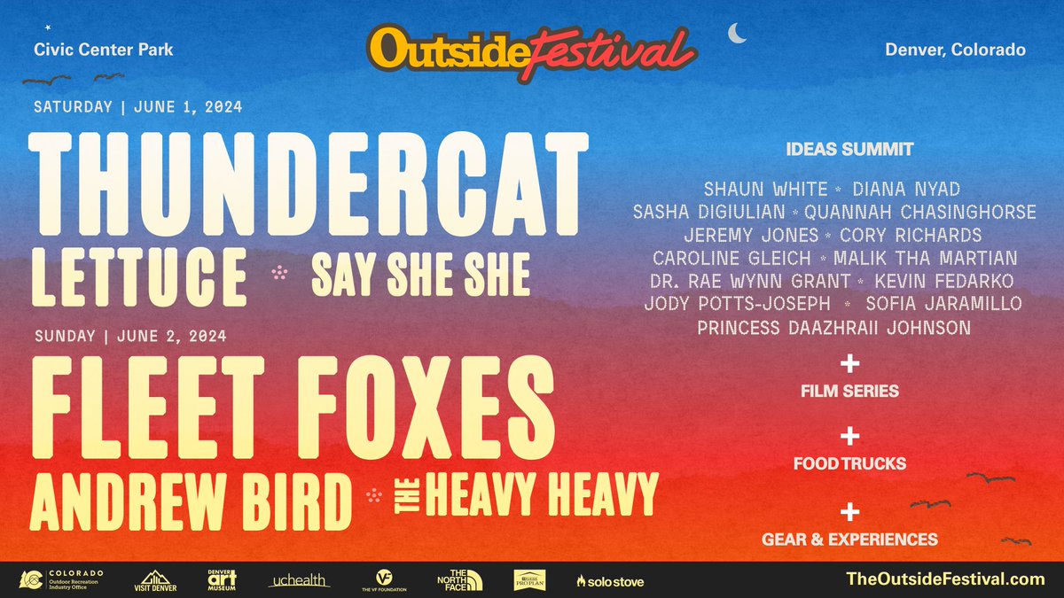 BIG NEWS! 🎵 🎸 🎤 The Outside Festival is bringing @thundercatmusic, @lettucefunk, and @SaySheShe to the main stage on Saturday, June 1, followed by @fleetfoxes, @andrewbirdmusic, and @theheavyheavy on Sunday, June 2. Let's talk about partnership: bit.ly/3SNHvAr