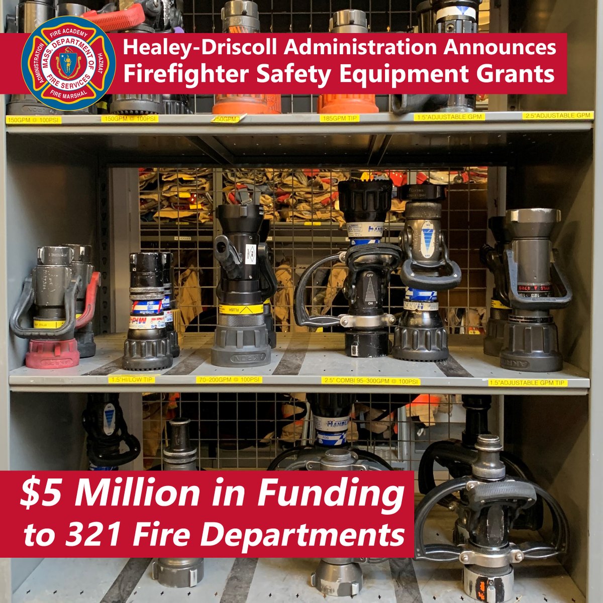 MassDFS's tweet image. Today, @MassGovernor, @MassLtGov, @EOPSS, &amp;amp; @MassFireMarshal announced $5M in grant awards to support the purchase of safety equipment by local FDs. The FY24 Firefighter Safety Equipment Grants provide crucial funding for protective gear &amp;amp; much more: ow.ly/8MyN50Qysi9