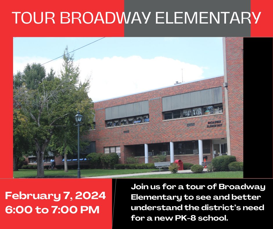 📆Reminder:  BUILDING TOUR on Wednesday!
Get a look inside Broadway Elementary School to see and better understand why the district is seeking to build a new PK-8 school.🏫   Bring your neighbors and your questions. ❓