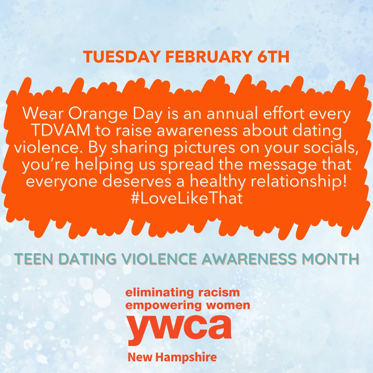 YWCANH's tweet photo. Don't forget to wear orange tomorrow! 🧡 YWCA NH is participating in #WearOrangeDay to bring awareness to teen dating violence. Join us!
•
•
#tdvam #tdvam24 #tdvam2024 #wearorange #domesticviolence #ywcanh #onamission #loveisrespect #lovelikethat #supportsurvivors https://t.co/6eoj7HZJn4