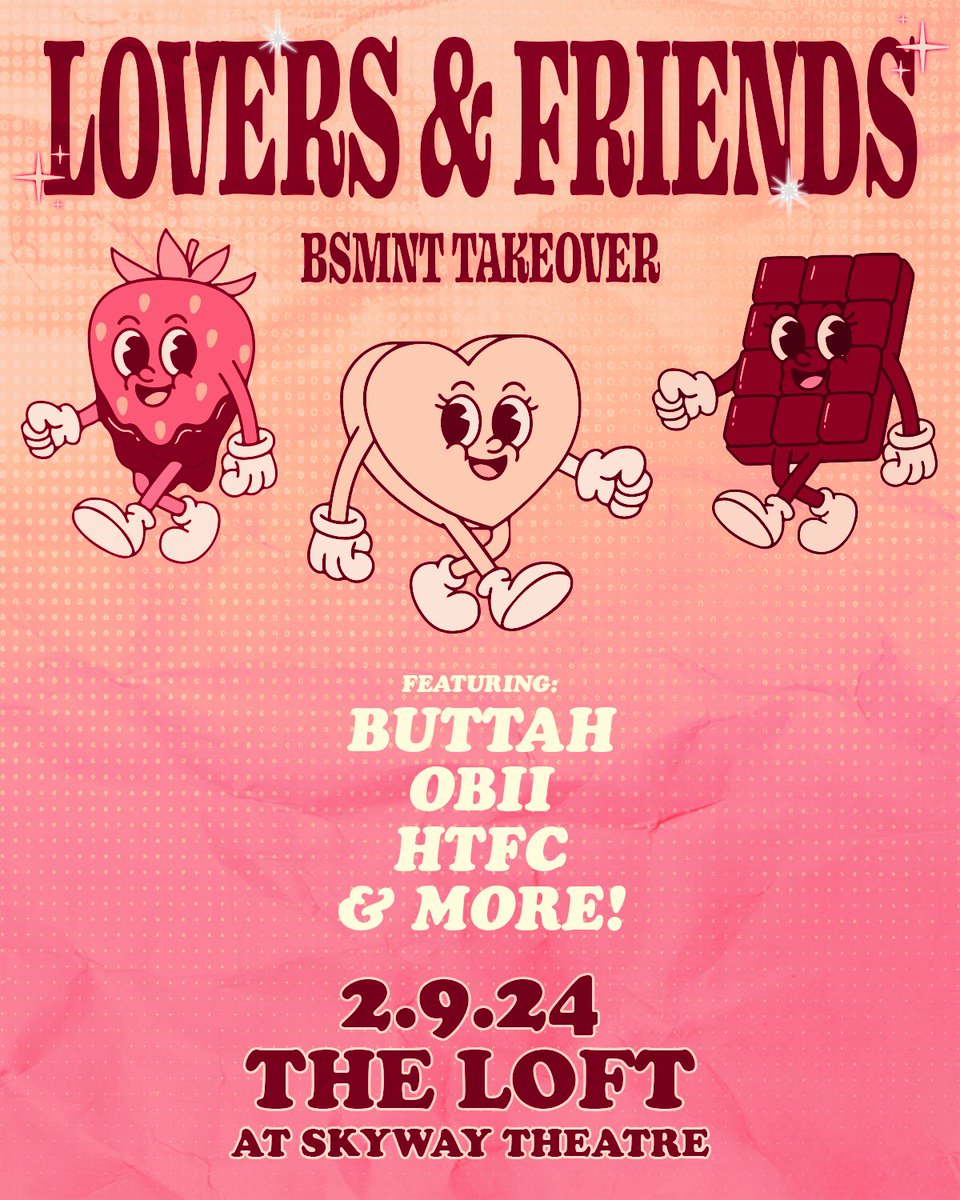 SkywayTheatre's tweet image. THIS FRIDAY!

@bsmntpresents is taking over #TheLoft for LOVERS &amp;amp; FRIENDS featuring @_buttahhhhhh @obii.mp3 HTFC &amp;amp; more! 🔥

Kick off your weekend in style! $7 GA tickets available on our website!