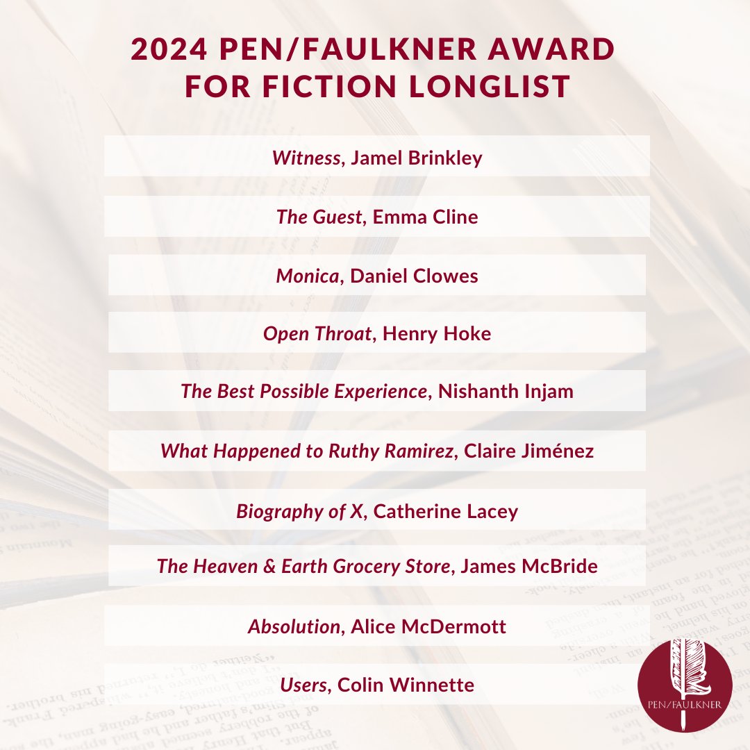 We are thrilled to announce the longlist of books for the 2024 PEN/Faulkner Award for Fiction! Judges will choose five finalists to be announced in early March, and the winning book will be announced in April. tinyurl.com/4n2e224z