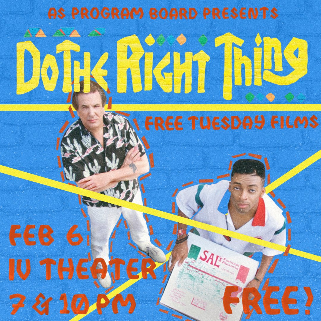 asprogramboard's tweet image. free tuesday films! 🎥🍿
Spike Lee’s “Do the Right Thing”
7:00 and 10:00 PM.
IV Theatre