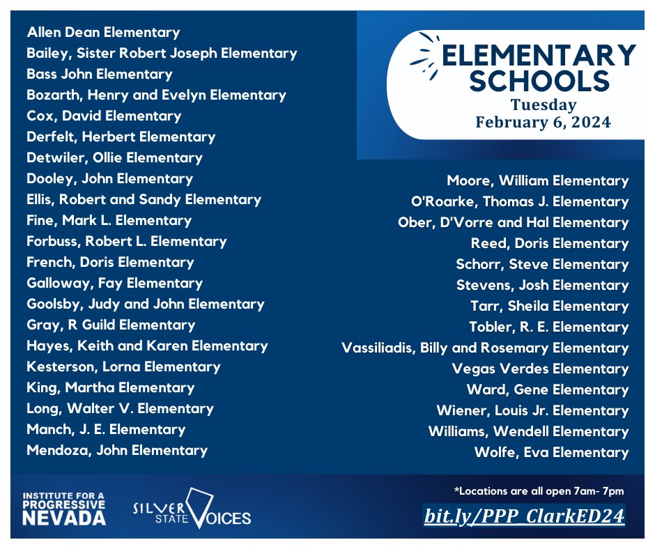 Did you know we have schools that are voting sites today? Check out the list of schools in Clark County that are open until 7 p.m. today! #NVPPP2024 #ElectionDay