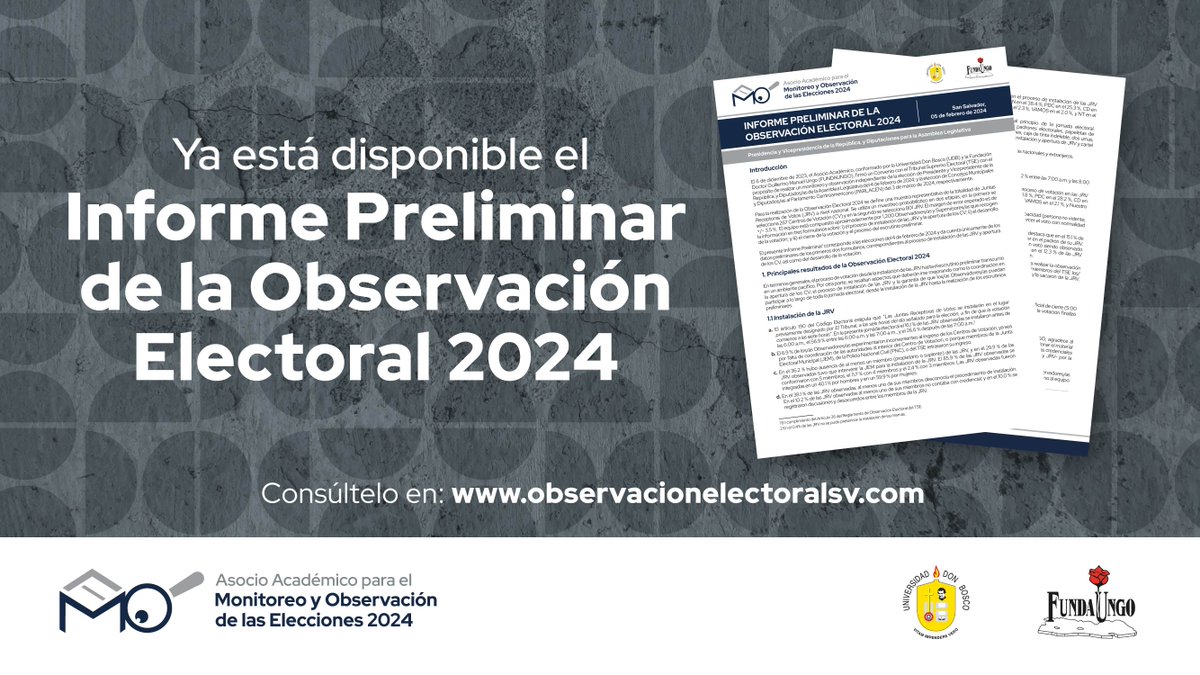 ObsElectoralSV's tweet photo. #ObservaciónElectoral2024 | Le invitamos a consultar nuestro Informe Preliminar sobre las elecciones del 4 de febrero de 2024. En este documento se muestran datos referentes al proceso de instalación de las JRV y apertura de los Centros de Votación, así como del desarrollo de la jornada electoral.

Consúltelo en el siguiente enlace: https://t.co/ws8gpLuhPs