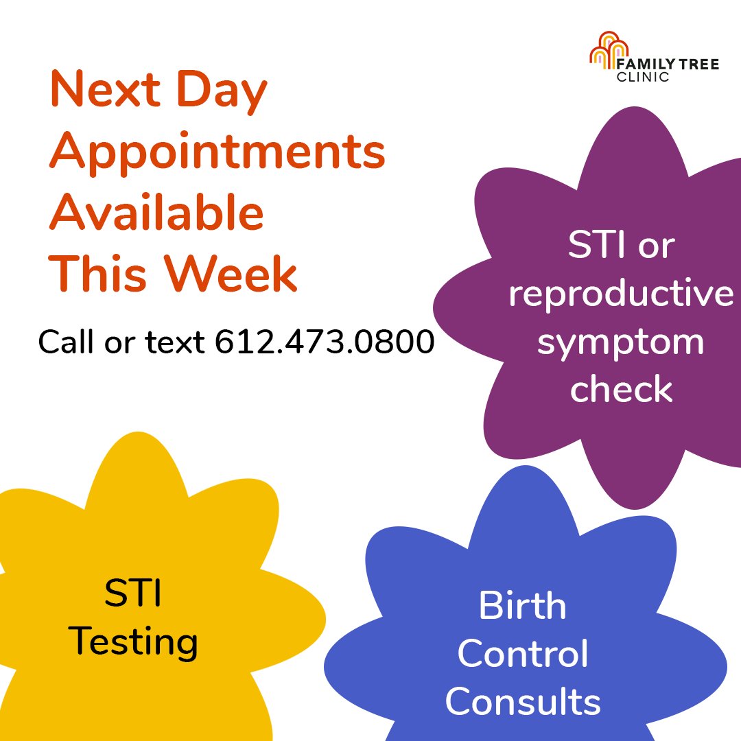 This week at the clinic we have plenty of next day appointments for STI testing (routine or post exposure), birth control consults, and reproductive symptom check ups. Call or text 612-473-0800 to get your appointment scheduled!
