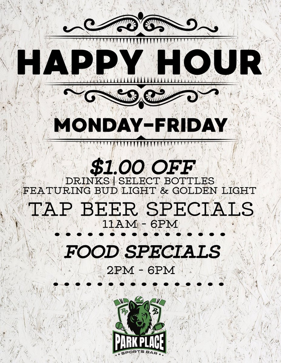 ParkPlace2's tweet image. ����✨ **Happy Hour in the PARK! Dive into DELISH food &amp;amp; sip on BEER &amp;amp; DRINKS at SPECIAL prices! Hurry, it all lasts &apos;til 6PM! 🌳🍹 #HappyHourFun** ✨🍔 #ParkPlaceSportsBar