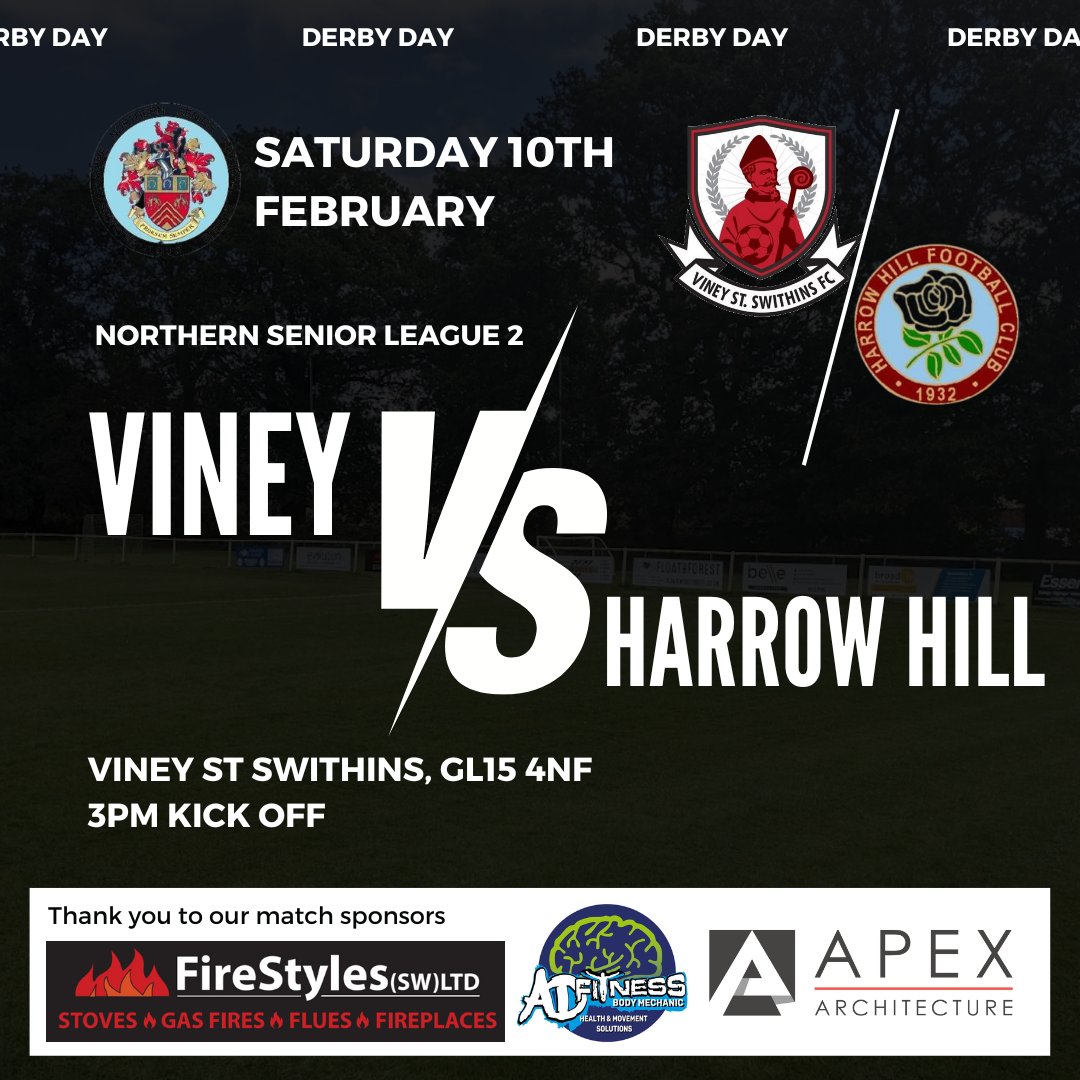 It's a Derby day showdown this weekend as Viney welcomes fellow Foresters Harrow Hill to St Swithins Road ⚽ A big thank you goes out to our primary sponsors, Apex Architecture Ltd and FireStyles SW Ltd. And a special shoutout to this week's sponsor, Adfitness Body Mechanic 👏🏼