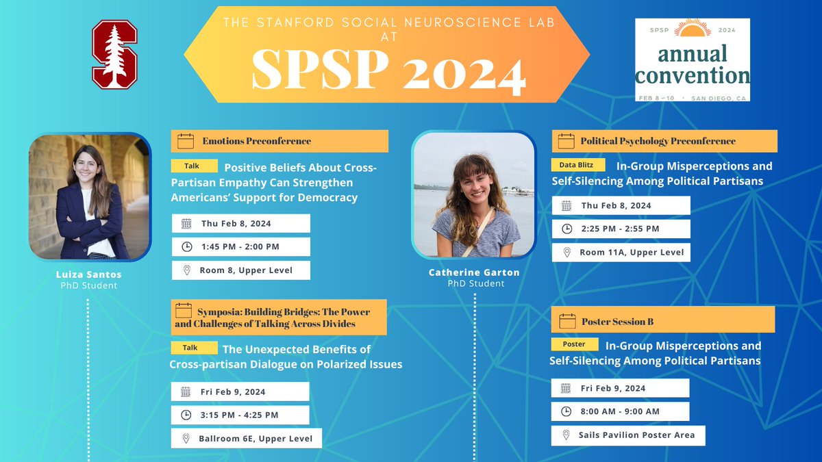 Come check out the SSNL at #SPSP2024 for  presentations on the roles that empathy, dialogue,   self-silencing and in-group misperceptions play in partisanship + political polarization! 🧠👥