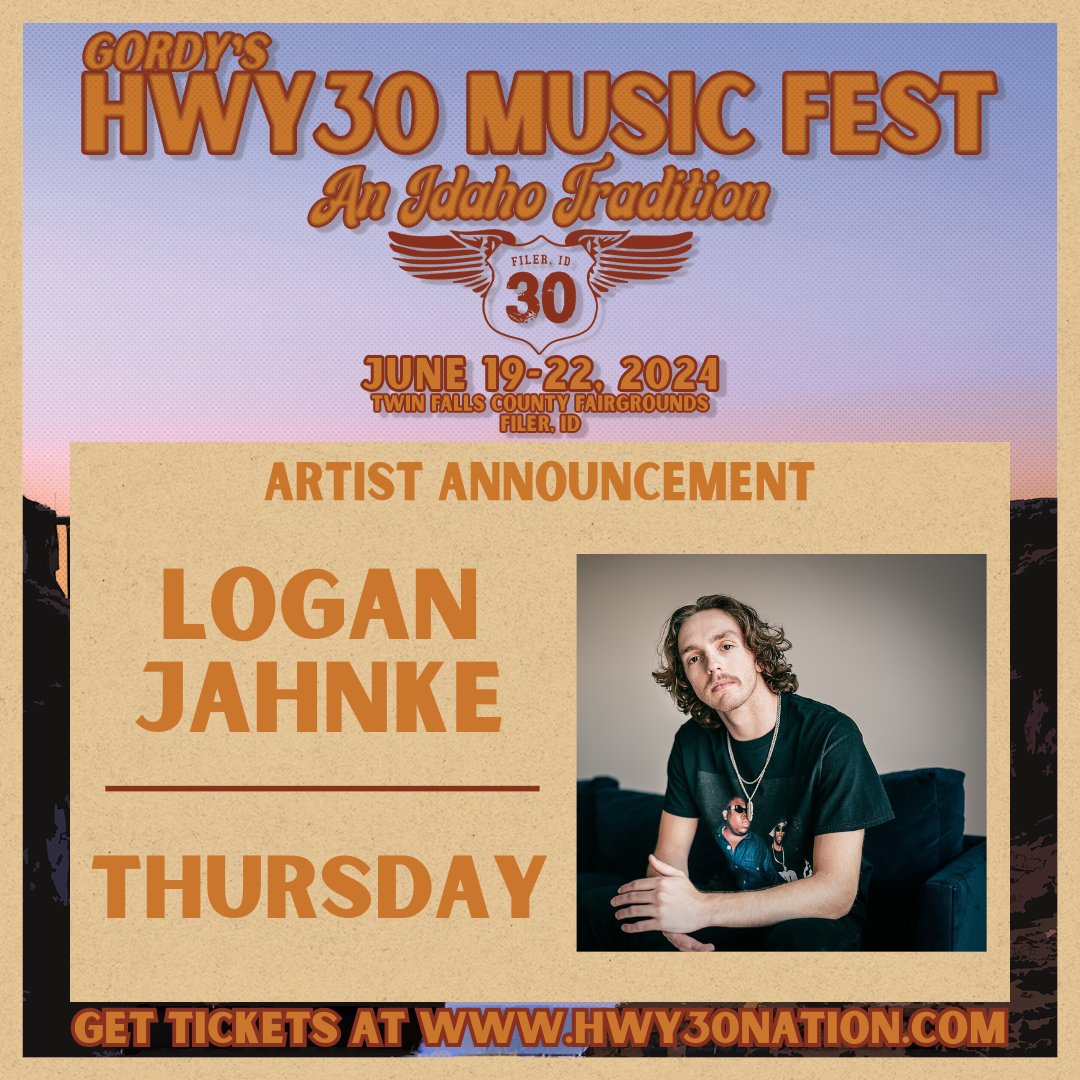 ‼️BAND ANNOUNCEMENT‼️

We are turning up the heat with not ONE but TWO artist announcements TODAY.

<a href="/loganjahnke_/">Logan Jahnke</a>  will be back in Idaho on Thursday, June 20th.  Secure your passes TODAY!
🎟️hwy30nation.com