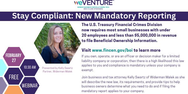LegalTeamUSA's tweet photo. Mark your calendars!

Attorney Kelly Swartz will be holding a webinar on February 27th starting at 10:30am regarding The Corporate Transparency Act. 

Register below:
https://t.co/1MffDIRqZ2 https://t.co/ZgbonkeCH6