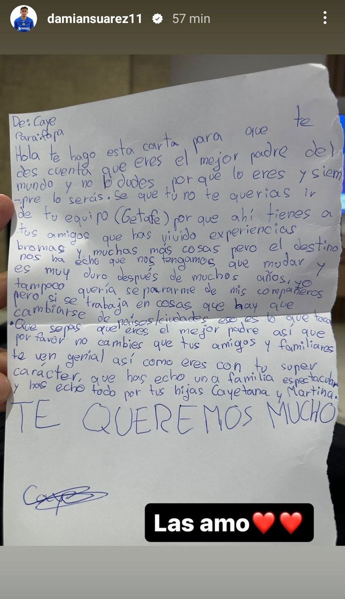 FantasiaAzulona's tweet image. 💌 La carta que Cayetana, hija de Damián Suárez, ha hecho a su padre tras su salida del Getafe:

🥹 "Sé que tú no te querías ir del Getafe porque tienes muchos amigos y porque has vivido muchas experiencias alli".

💔 "Es muy duro después de muchos años".

🛫 Jugará en Botafogo.