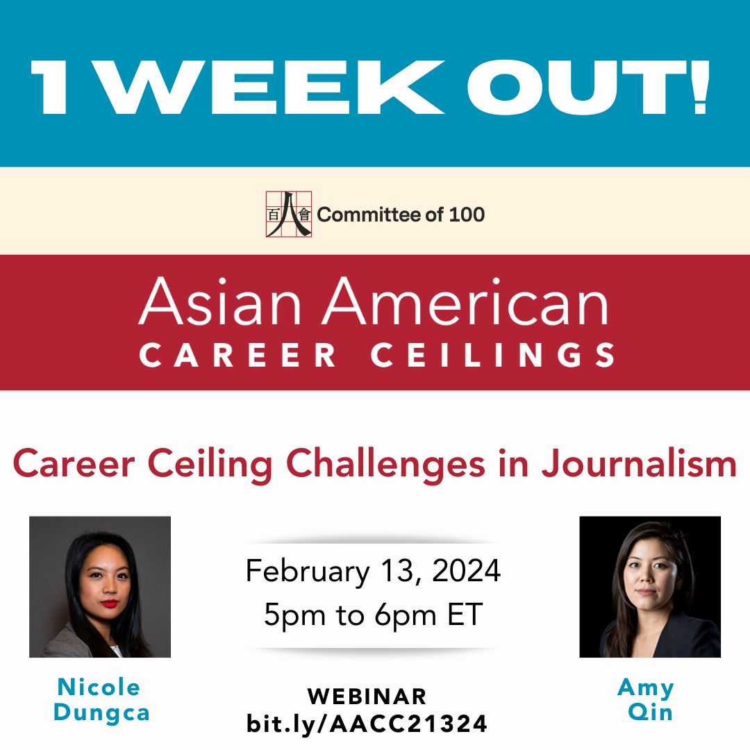 We are ONE WEEK OUT from our exciting Asian American Career Ceilings webinar with @ndungca of The Washington Post and @amyyqin of The New York Times on career ceilings in journalism for Asian Americans. RSVP: bit.ly/AACC21324 #journalism #bambooceiling #AAPI