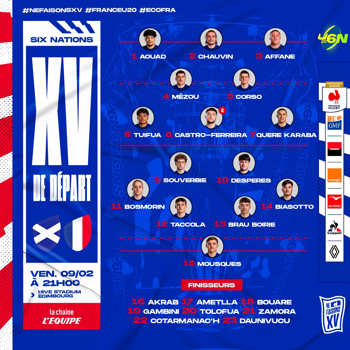 🔥 𝑳𝒂 𝒄𝒐𝒎𝒑𝒐𝒔𝒊𝒕𝒊𝒐𝒏 de notre équipe #FranceU20 pour le 𝟮𝗲 𝗺𝗮𝘁𝗰𝗵 du <a href="/SixNationsU20/">Six Nations Under-20s</a>, ce vendredi à Édimbourg ! 🏴󠁧󠁢󠁳󠁣󠁴󠁿
 
On compte sur vous, rendez-vous vendredi à 21h00 sur <a href="/lachainelequipe/">la chaine L'Équipe</a> ! 💪
  
#FranceU20 #NeFaisonsXV #ECOFRA