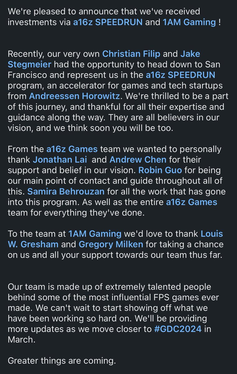 legiongamedev's tweet image. We are pleased to announce that we’ve received investments via A16Z GAMES SPEEDRUN and 1AM Gaming!
We’ll be updating more here as we move closer to #GDC2024 in March.
Check out the full write up below.