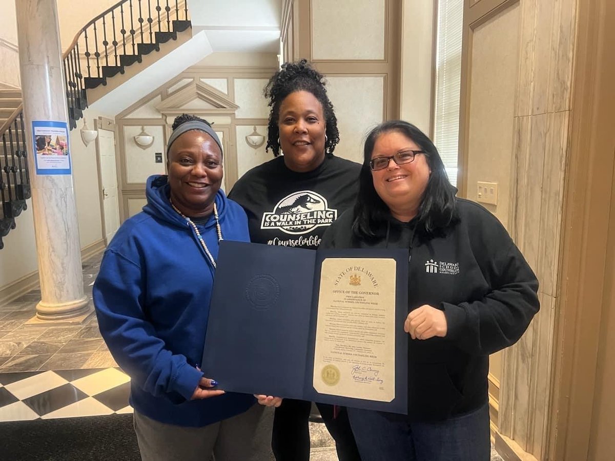 It's National School Counseling Week! <a href="/CSDSenators/">Capital School Dist.</a> counselors Charmell Hitchens, Andrea Woodard and Tammy Taylor show off <a href="/JohnCarneyDE/">Mayor John Carney</a>'s school counseling week proclamation recognizing the important role school counselors play in the success of all students! <a href="/ASCAtweets/">ASCA</a> <a href="/mydsca1/">Delaware School Counselor Association</a>