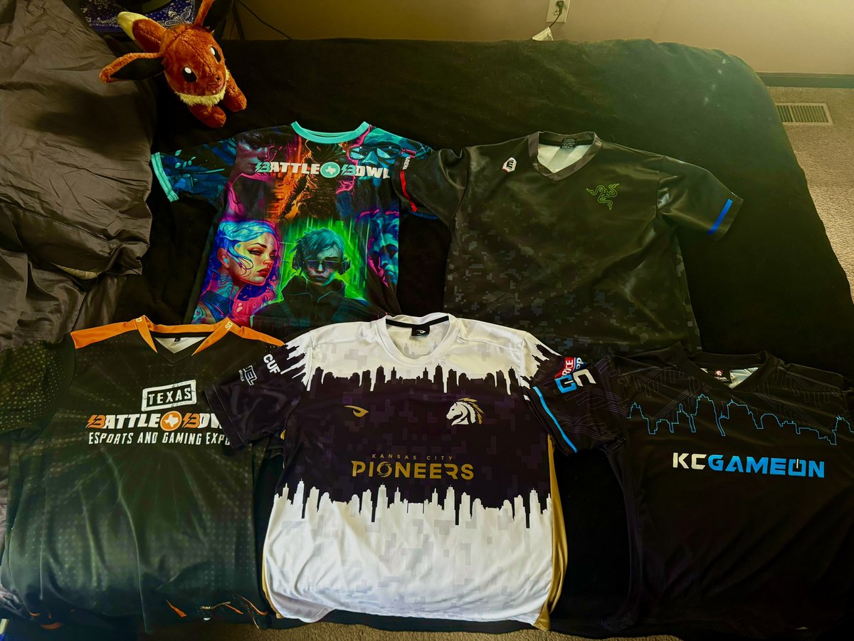 My wardrobe for @UnifiedEA’s MEC Spring Clash this upcoming weekend.  Thanks to @KCGameOn, @PioneersGG, @UrgentFury, and @EsportsArena for having absolutely killer lines of merch over the past 2 years.  

#JerseyAddiction