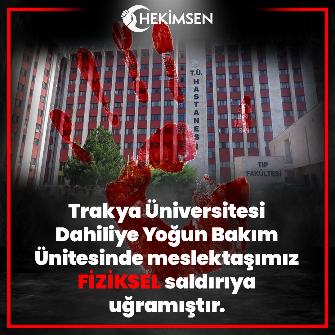 Trakya Üniversitesi Dahiliye Yoğun Bakım Ünitesinde meslektaşımız FİZİKSEL saldırıya uğramıştır.
Sağlık teröristlerine verilen cezaların caydırıcı olmaması, hekim ve sağlık çalışanlarına uygulanan şiddetin her geçen gün artmasına neden olduğunu Bakanımız Sn.<a href="/drfahrettinkoca/">Dr. Fahrettin Koca</a>'ya