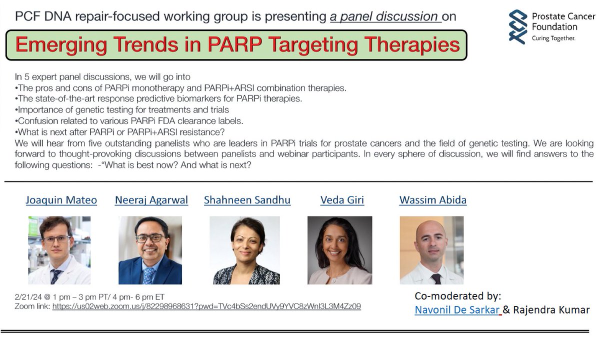 Join us for the PCF DNA repair working group's panel discussion on 'Emerging Trends in PARP Targeting Therapies'. Feel free to send us your questions that you want us to discuss (ndesarkar@mcw.edu). #pcf #prostatecancer #parpi @PCF_Science