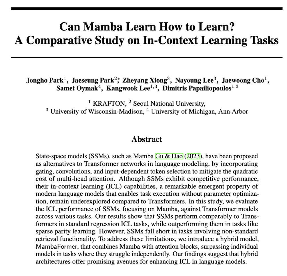 arxiv drop tonite 'Can Mamba Learn How to Learn?: A Comparative Study on In-Context Learning Tasks' with all-star set of collaborations from @Krafton_inc @SeoulNatlUni @UMich and @UWMadison