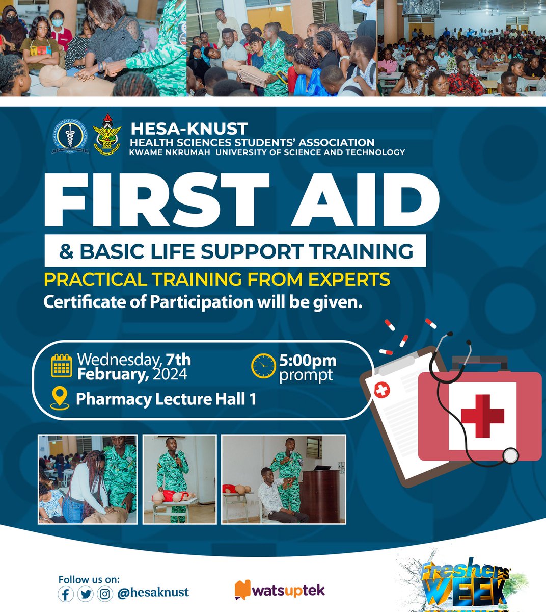 hesaknust's tweet photo. First aid and basic life support skills can be the difference between life and death.  Join us tomorrow, February 7, inside Pharmacy Lecture Hall 1 at 5:00PM as we dive into the training.

NB: Certificate of Participation will be awarded.

#FreshersWeek
#KeepMoving
#AStepFurther https://t.co/KPjcapDEty