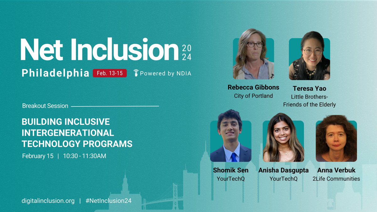 YourTechQ's tweet photo. Ready to explore digital inclusion and how to build an intergenerational technology program? YourTechQ is proud to be part of this terrific panel discussing developing programs and involving youths for digital inclusion. Join us at #NetInclusion24 on day three!
#Digitalequity https://t.co/D56ld2MdKr