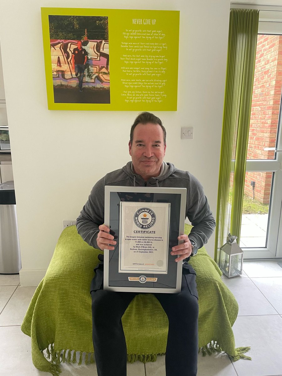 warriormarkmnd's tweet photo. OFFICIAL! 🌍 Mark, my dad, has just broke a world record for the longest open water swim for someone living with MND! So proud of him! #SuperheroDad #GWR #SwimForMND #MND #SupportMark #Tuesday @GWR @mndassoc https://t.co/Fd2ZSOcAWU