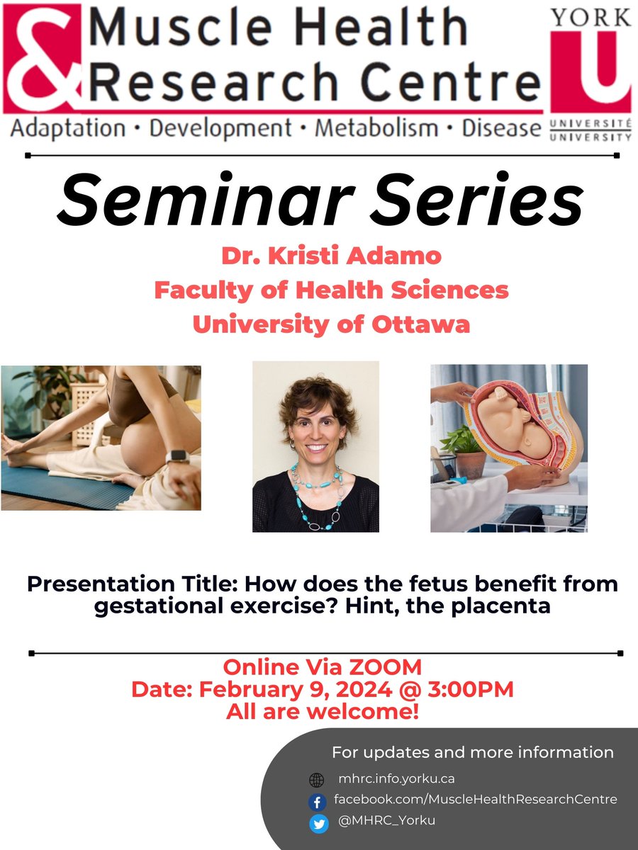 Please join us Friday (3pm Toronto time) for the MHRC Seminar featuring @AdamoKristi (U Ottawa) who will speak on 'How does the fetus benefit from gestational exercise? Hint, the placenta.' Get link: yorku.zoom.us/j/91562686590?… Meeting ID: 915 6268 6590 Passcode: 529484