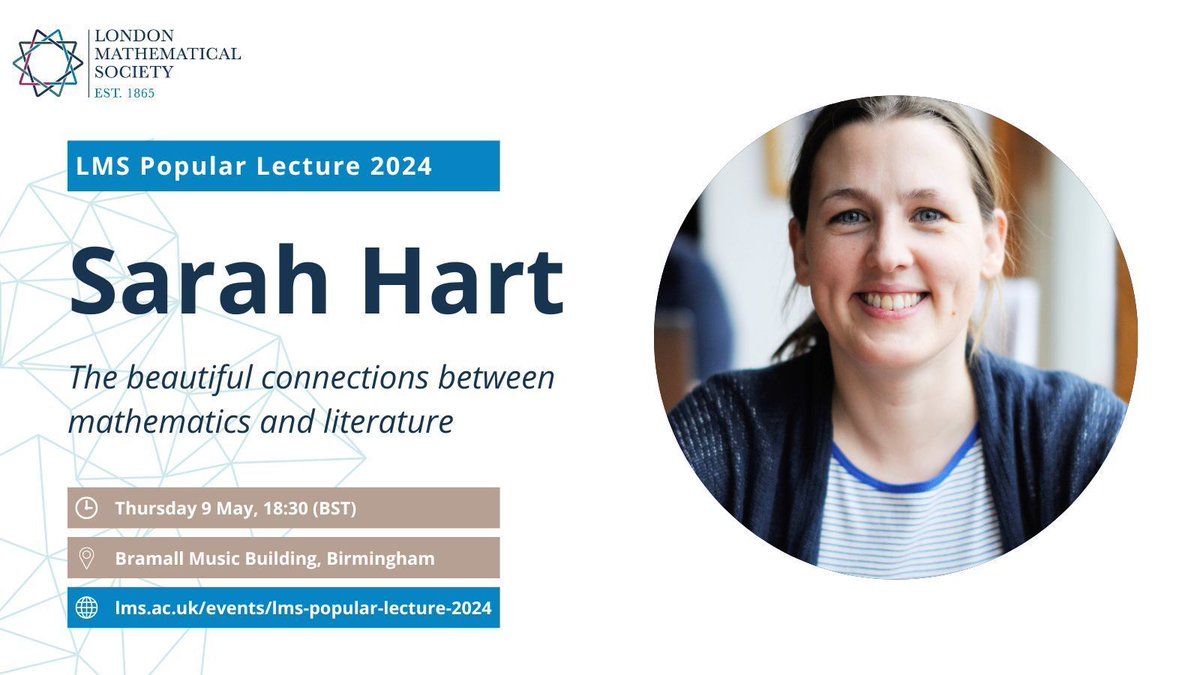 ✨ ICYMI, the LMS Popular Lecture is back for 2024 w/ @sarahlovesmaths discussing the beautiful connections between mathematics and literature. Free event, all welcome incl. schools + other large groups! 📅 Thu 9 May, 18:30 📍 @thebramall, Birmingham ➡️ lms.ac.uk/events/lms-pop…