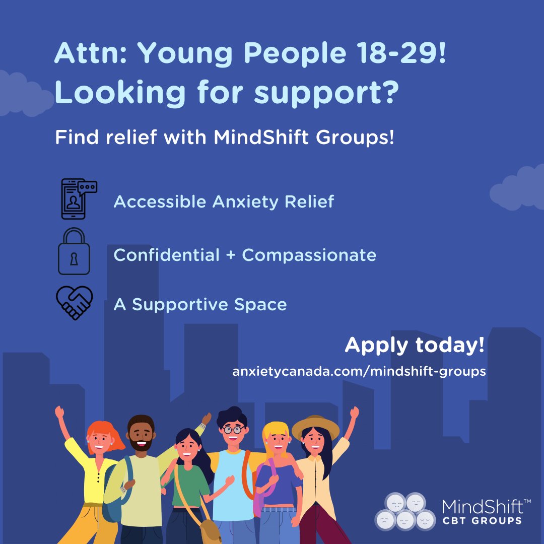 Anxiety_Canada's tweet photo. ALERT: Special edition of #MindShiftGroups, our 8-session online #grouptherapy program for young adults! All spots are offered at zero cost, except a $50 assessment fee that is returned upon completion of the program.
APPLY: https://t.co/kafvkTIUZo https://t.co/0abu51UOxm