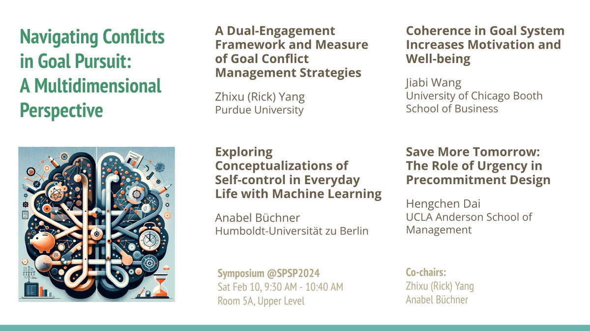 #SPSP2024 I'm co-chairing a symposium with @AnabelBuechner on goal conflicts, featuring work from us, @Jiabi8, & @hengchen_dai. We used diverse methods (experimental, psychometric, longitudinal, machine learning, cross-cultural, etc.) to study goal conflicts in various contexts.