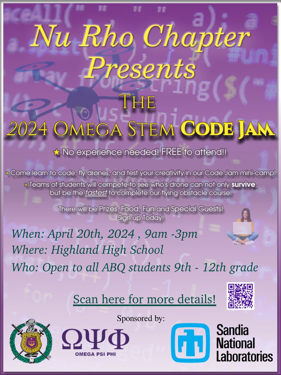 UNMESSCenter's tweet photo. Attention 📢: The Nu Rho Chapter of Omega Psi Phi Fraternity, Inc. is hosting the 2024 Omega STEM Code Jam. 

No experience is needed and it is free to attend! 

Refer to flyer for more details. Do not miss this great opportunity to attend this mini camp! https://t.co/ZB8bDMqe97
