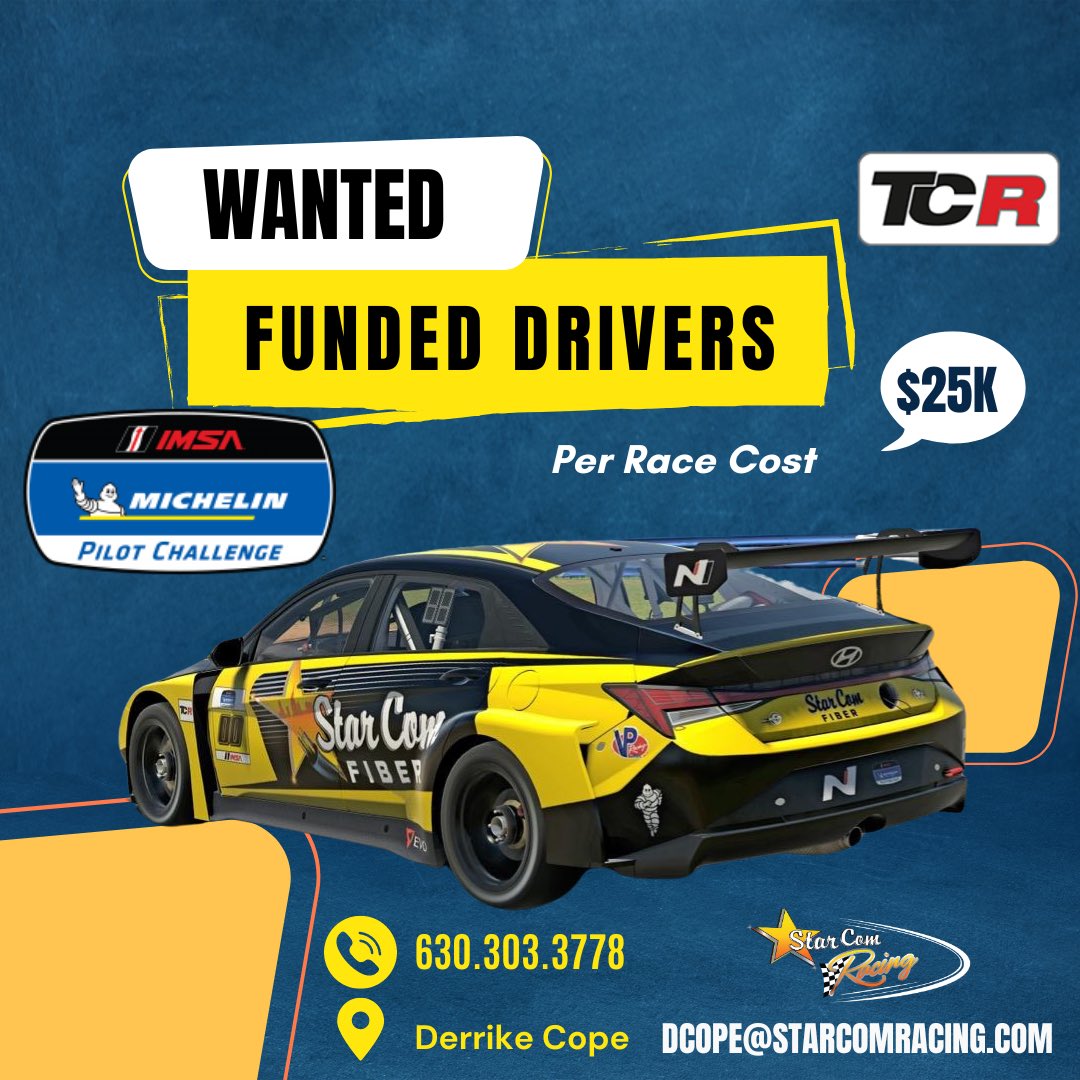 StarCom Racing (@starcomracing) on Twitter photo StarCom Racing is currently seeking funded drivers for the second and final seat for the TCR Car in the Michelin Pilot Challenge Series in 2024. All inquiries can be sent to Derrike Cope at 630.303.3778 or dcope@starcomracing.com. StarCom Racing is currently seeking funded drivers for the second and final seat for the TCR Car in the Michelin Pilot Challenge Series in 2024. All inquiries can be sent to Derrike Cope at 630.303.3778 or dcope@starcomracing.com.