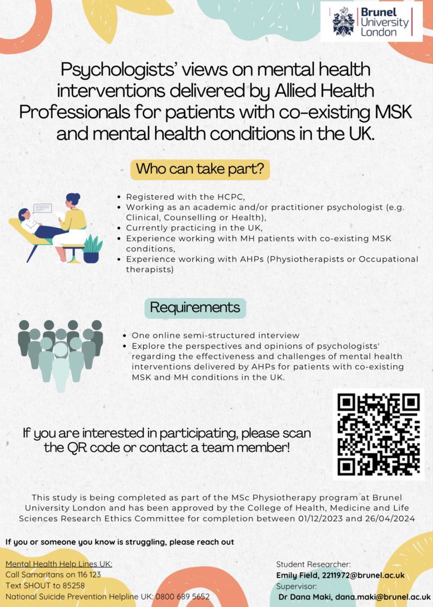 We are still seeking #psychologists for one-off interviews to hear perspectives on psychological interventions delivered by #MSK #AHPs. Please help us to reach our target and get in touch bit.ly/3MyZFlT