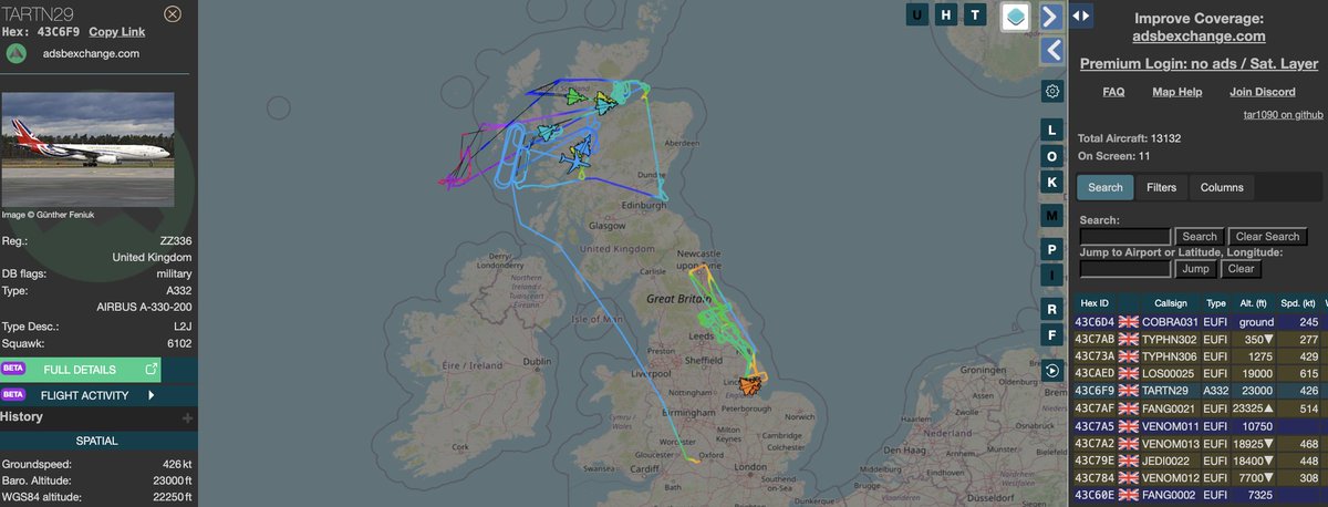 alternativewip's tweet photo. #RAF 10x eurofighter typhoons seen on the flight radar over the uk, departures from lossiemouth and coningsby. #COBRA031 #TYPHN302 #JEDI0022
KC2 voyager also seen over the uk, no doubt on AAR duties. #TARTN29 https://t.co/33kAKGDsSx