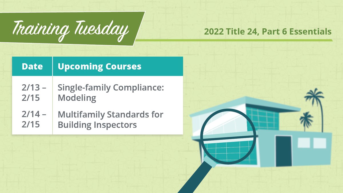 Happy Training Tuesday! Start the month out strong by enriching your California #EnergyCode knowledge. Next week we have courses on #EnergyModeling software and requirements for #BuildingInspectors. You won’t want to miss this!

bit.ly/3EtPXMy