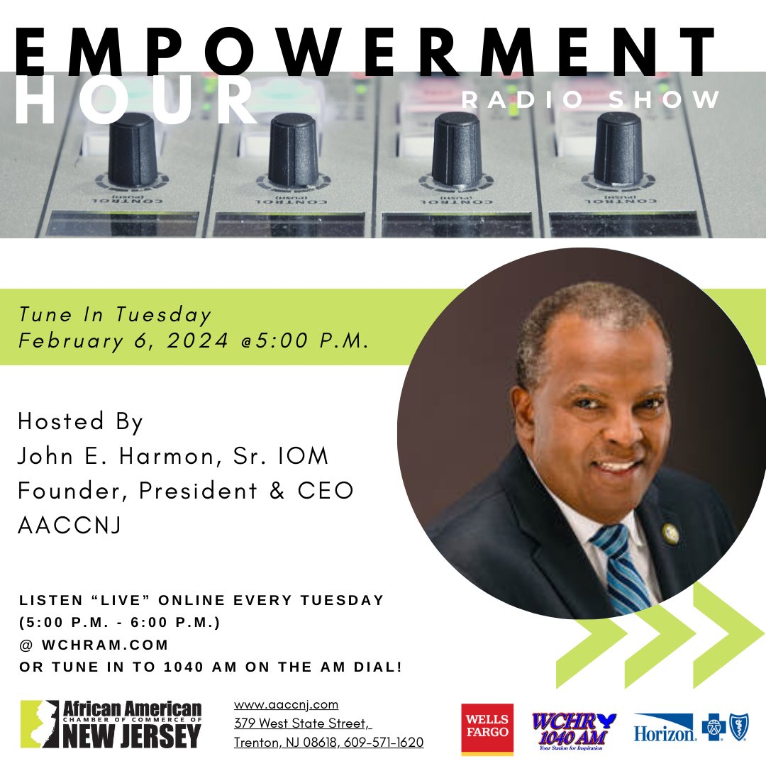 AACCNJ's tweet image. Tune in today! Join us for AACCNJ's Empowerment Hour Radio Show airing from 5pm to 6pm. 📻 Listen live at WCHRAM.com or 1040 AM. Hosted by John E. Harmon, Sr. IOM, Founder, President &amp;amp; CEO of AACCNJ. 

#EmpowermentHour #AACCNJ #RadioShow #TodayAt5