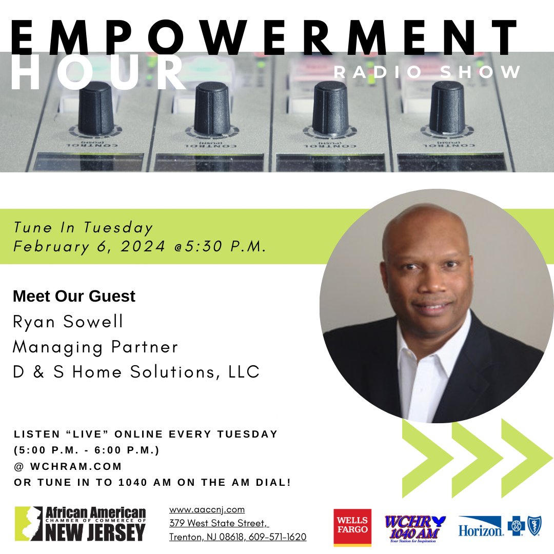 AACCNJ's tweet image. Tune in today! Join us for AACCNJ's Empowerment Hour Radio Show airing from 5pm to 6pm. 📻 Listen live at WCHRAM.com or 1040 AM. Hosted by John E. Harmon, Sr. IOM, Founder, President &amp;amp; CEO of AACCNJ. 

#EmpowermentHour #AACCNJ #RadioShow #TodayAt5