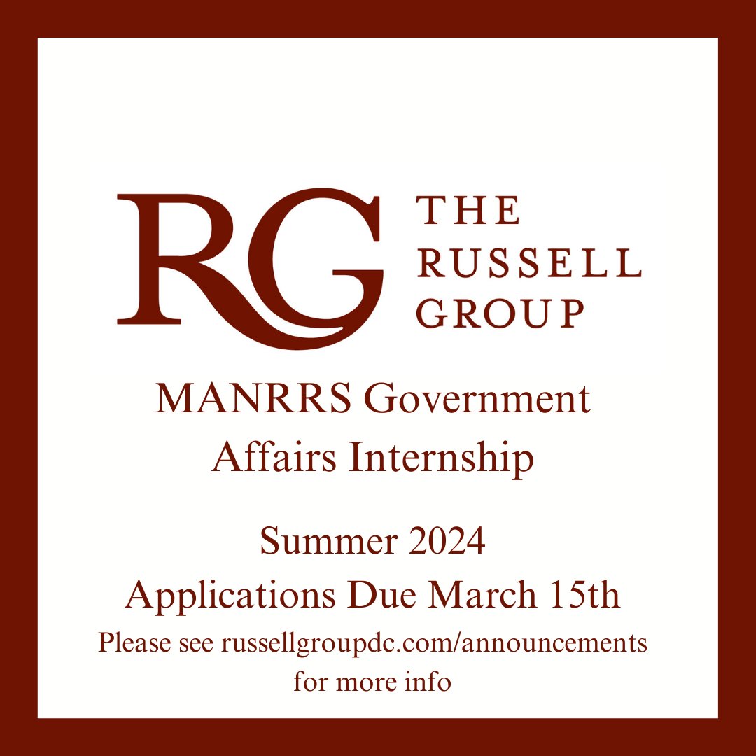 We are now accepting applications for our summer <a href="/NationalMANRRS/">MANRRS</a> government affairs internship. Please visit russellgroupdc.com/announcements for more information.