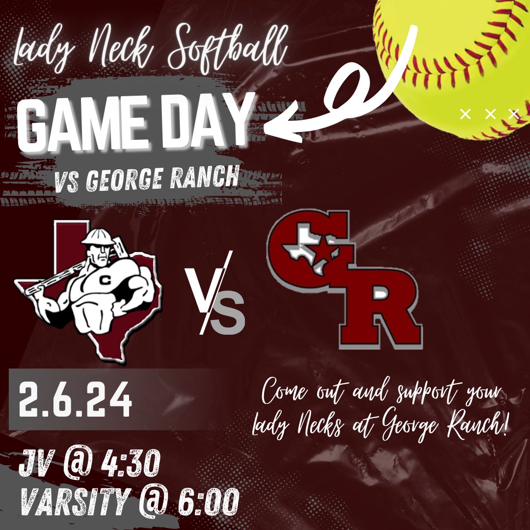 IT’S GAME DAY! 

Come out and support your Lady Necks tonight in their scrimmage vs George Ranch at George Ranch! 

JV @ 4:30 &amp; Varsity @ 6:00
<a href="/CBISDTx/">Columbia-Brazoria</a> <a href="/CHSAthl/">Columbia Athletics - Ride For The ‘C’</a>