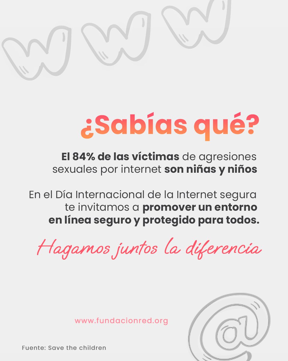 Hoy en el Día Internacional de la Internet segura, recordamos la importancia de promover un entorno en línea seguro y protegido para nuestra niñez. 

 Fuente: Save the Children

#DiaDeInternetSegura #DiaInternetSegura #FundaciónRed
