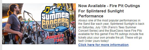 klopeks's tweet image. Firepits at Splintered Sunlight sounds like a great idea at @BlueClaws,til you realize they are under giant loudspeakers that blare nonstop announcements and advertisements, and you can't hear the band. But you'll know about the 50/50 raffle, so there's that