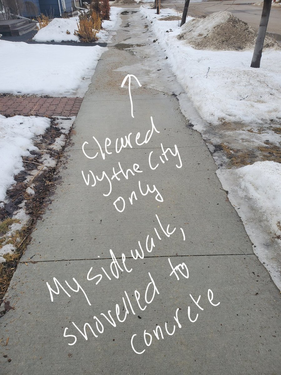 @mathieuallard I shovel my sidewalk to concrete. My neighbours do not. Spot the difference? The city could clear to concrete instead of a packed snow surface.