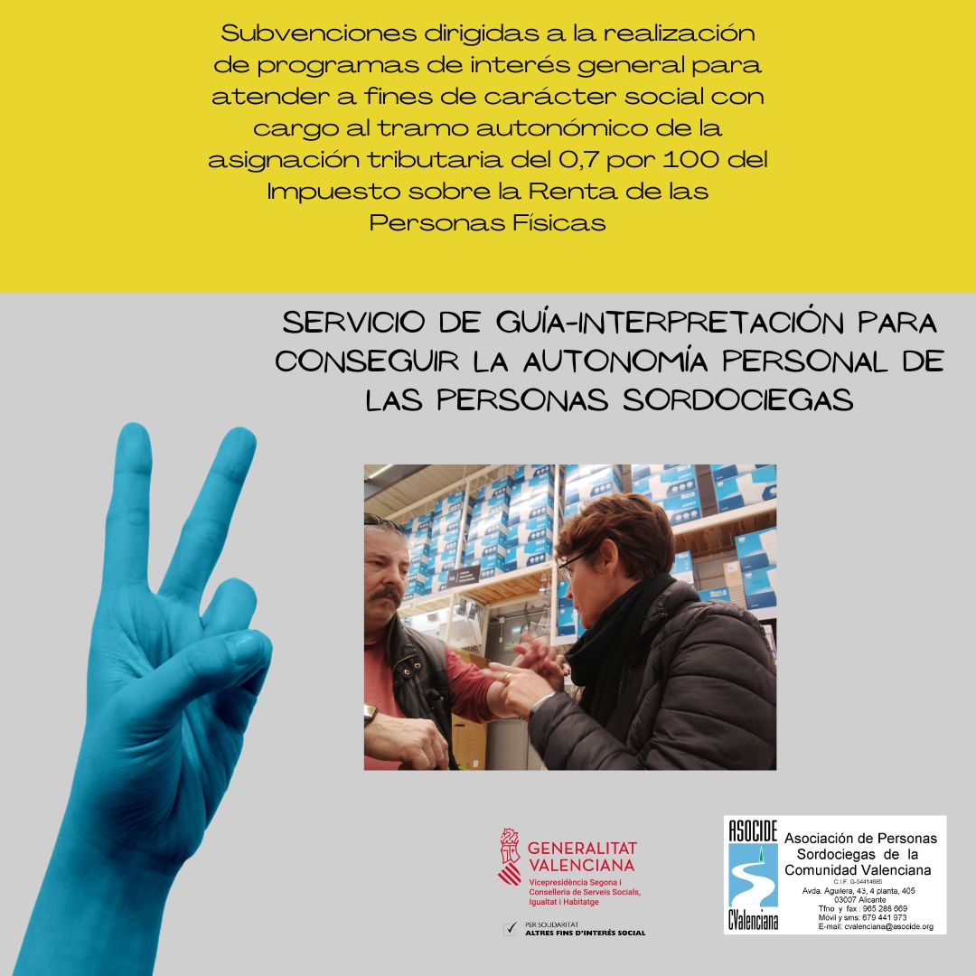 Gracias a <a href="/GVAigualtat/">GVAIgualtat</a> por la subvención de IRPF 2024 para el programa Servicio de Guía-Interpretación para conseguir la autonomía personal de las personas Sordociegas.
Gracias a los 9.524,05€ podremos seguir promoviendo y generando autonomía personal a las personas Sordociegas.