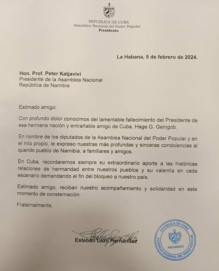 AsambleaCuba's tweet photo. Esteban Lazo, presidente de @AsambleaCuba🇨🇺, traslada condolencias ante el fallecimiento del Presidente de #Namibia🇳🇦 

✅https://t.co/vgMWqes566 https://t.co/dNCyQMwnpa