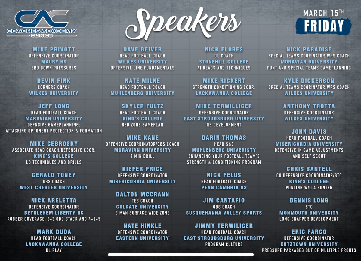 Best FB Coaches Clinic in the country!!  ALL INCLUSIVE DEAL!! multiple food buffets, beverages &amp; beer both days!  50+ speakers Scranton PA March 15 &amp; 16th Register ➡️ coachesacademyclinics.com <a href="/PaFootballNews/">Pennsylvania Football News</a> <a href="/EPAFootball/">EasternPAFootball</a> <a href="/piaad4sports/">piaad4sports</a> <a href="/PIAASports/">PIAA</a> <a href="/NYCHSFL/">NYCHSFL</a> <a href="/blastathletics/">Blast Athletics</a>