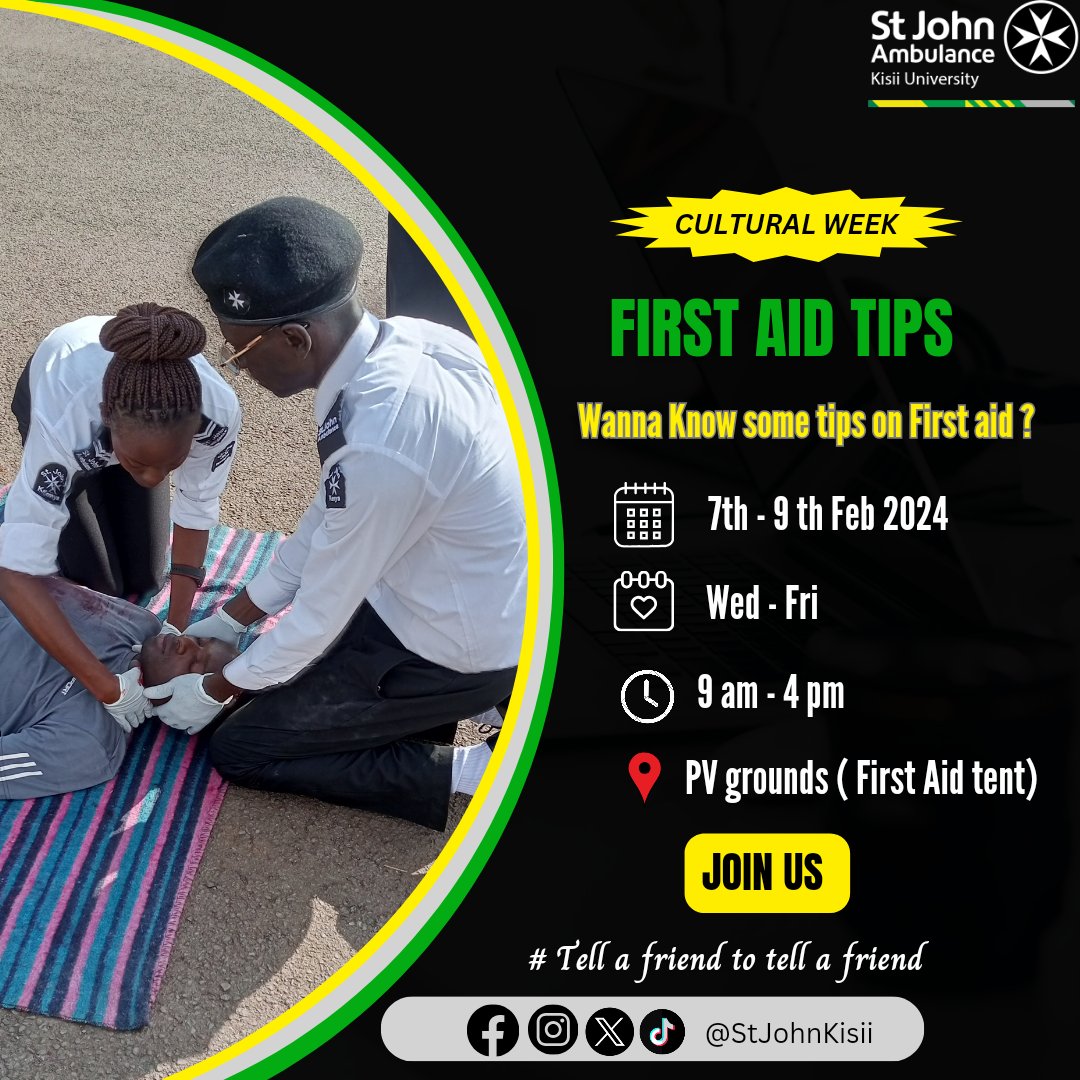 Interested in learning First Aid?? If yes join us at Pavilion grounds and get to learn basic first aid. #StJohnAmbulance #StjohnCares #KisiiUniversity