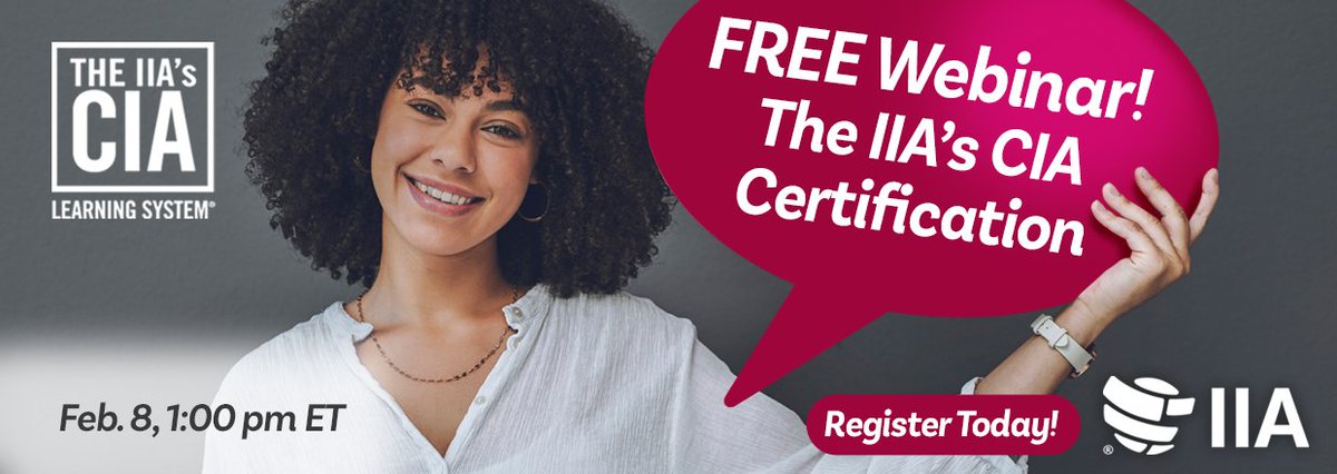 learncia's tweet photo. Is #CIAcertification in your future? Join #TheIIA's certification experts for a free online webinar Thur., Feb. 8 at 1:00 pm ET (GMT-5). Learn how to apply, what's on the #CIAexam, and how to maximize your score. Register now! https://t.co/oBSu64rjpB #CertifiedInternalAuditor https://t.co/uOmTXk7KCF