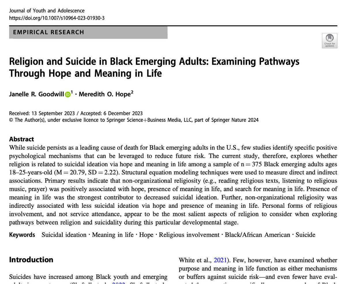 ✨New study published w/@HopeOnCall We wrestle w/ questions of faith, MH, & positive psychology. We find that diff. types of religious involvement are differentially related to hope, meaning in life, and suicidal thoughts in Black emerging adults bit.ly/3weeapU👇🏿