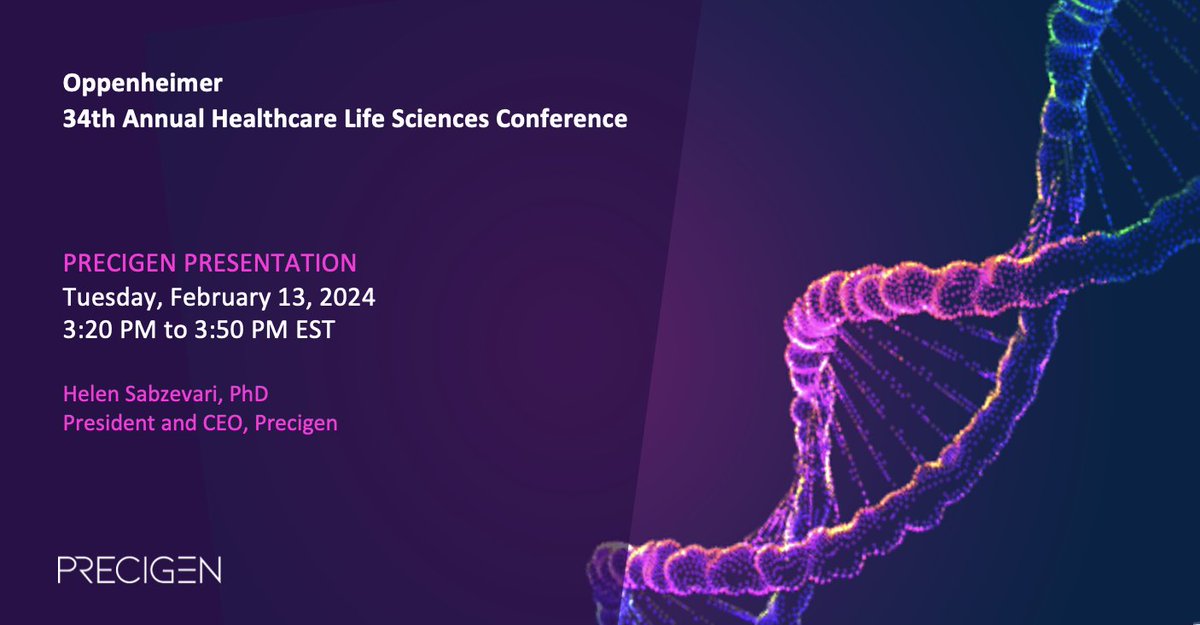 Precigen's tweet photo. Join #Precigen President and CEO, Helen Sabzevari, for a company presentation at the @Oppenheimer 34th Annual Healthcare Life Sciences Conference. View details: https://t.co/qia1jzS8kQ $PGEN https://t.co/addwKrFgep